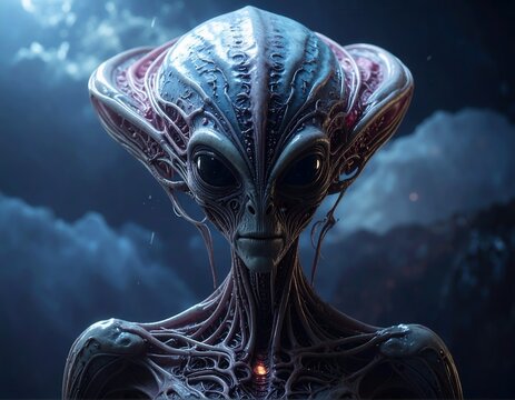 Alien extraterrestrial creature looking into unknown abyss