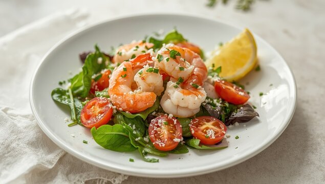 Lunchtime shrimp salad with greens, tomatoes, and cheese