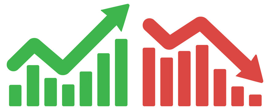 Graph going down and up with green and red arrows, vector bar chart symbols, sales decrease and growth, business analytics, financial reports