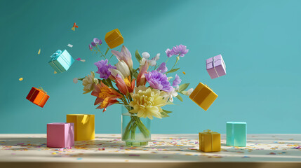 Colorful flowers in vase with floating gifts on teal background  