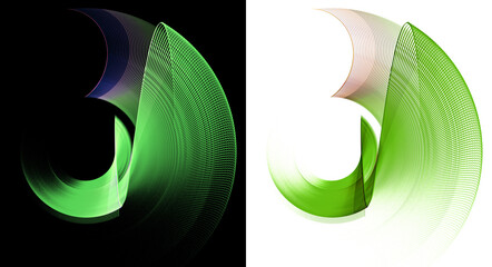 Green wavy and arched striped blades rotate on white and black backgrounds. Set. Icon, logo, symbol, sign. 3D rendering. 3D illustration.