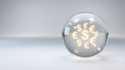 Minimalist business background with a transparent orb containing golden glowing dollar and euro symbols