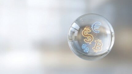 Global finance concept featuring glowing money signs trapped in a glass ball for investment prediction