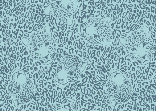 Seamless blue leopard pattern with heads and spots. Jaguar face vector background. Teal cheetah skin textile design.