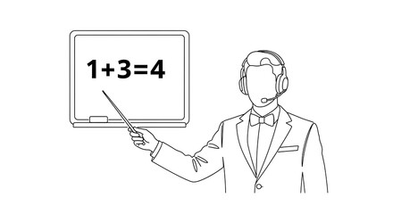 A teacher in a suit pointing to a blackboard with a simple math equation written on it in a classic educational setting