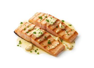 Gegrillte Lachssteaks mit Knoblauchbutter, auf wei&szlig;em Hintergrund