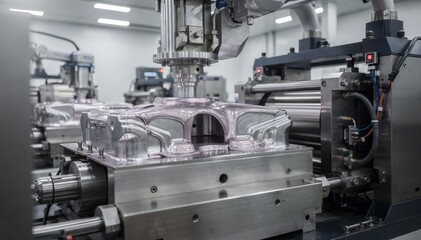 Medium shot of machinery injecting glossy molten plastic into precision upper molds highlighting the shiny surface finish and smooth production process in a hightech facility.