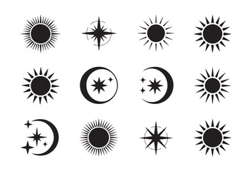 celestial icons sun moon stars compass symbol graphic elements for mystical magical and cosmic design on white background