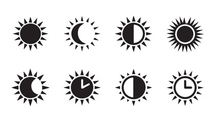 sun and moon phase icons clock icons set day night time cycle symbols for weather and time management on white background