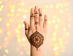 Close-up of intricate henna designs on a dark brown surface
