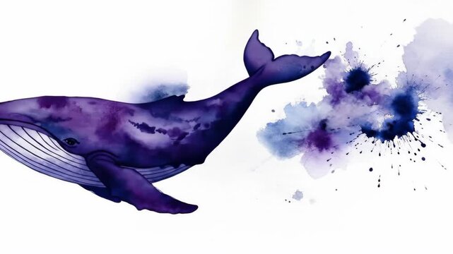 Watercolor blue whale illustration with changing fluid paint splash tail movement video. Sea animal artistic concept for ocean life.