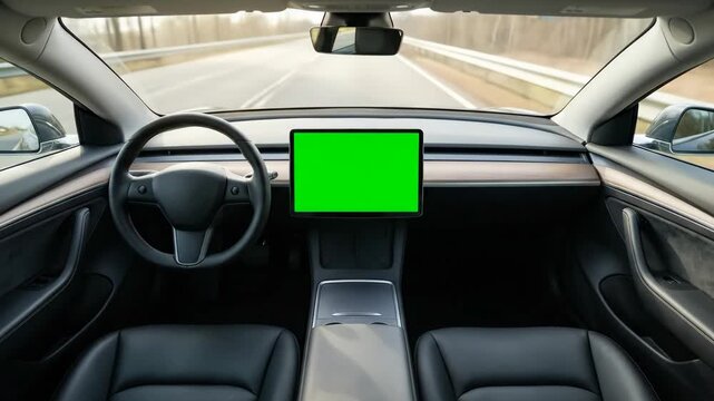 A car drives along a road while the driver seat is empty and a dashboard screen shows a green screen display. Concept of autonomous driving and automotive technology.
