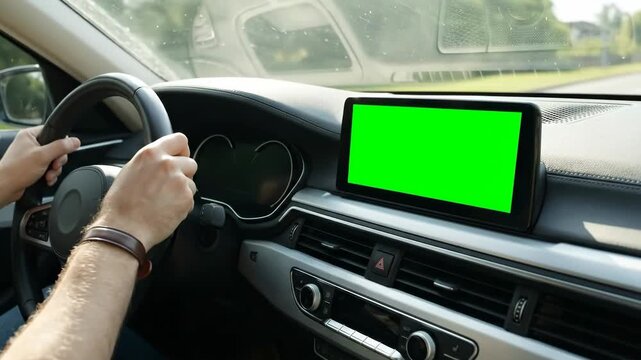 A driver holds the steering wheel while a car drives on a highway with a green screen dashboard display. Concept of automotive technology and navigation.