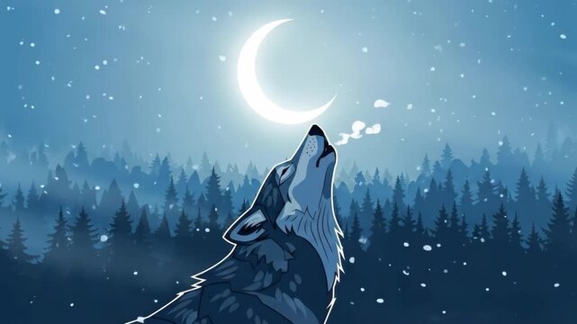 Cartoon wolf howling at crescent moon in snowy forest illustration. Winter wildlife nature concept for animal themed design