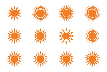 Collection of sun icons. Set of twelve orange sun symbols. Flat design.