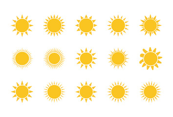 Set of fifteen yellow sun icons. Sunny weather symbols. Flat design.