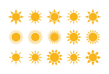 Set of yellow sun icons with various rays shapes and circular centers isolated on white background