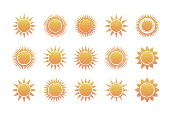 Glossy orange sun icons collection with gradient texture and sharp rays for summer weather designs