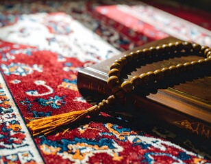 Close-up of prayer beads on a dark background with subtle highlights