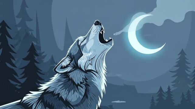 Howling wolf animation sequence under a crescent moon in a nighttime forest. Wild animal howling with breath on a cold night.