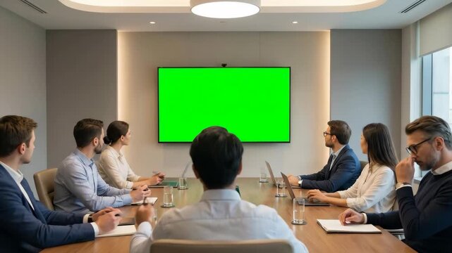 A business meeting takes place in a conference room with a green screen display on the wall. Concept of corporate presentation and workplace communication.