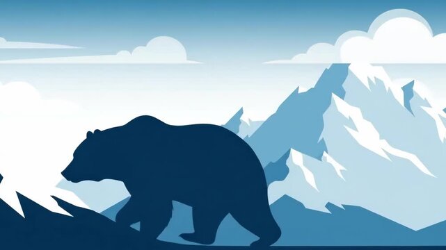 Wild bear silhouette walking across snow-capped mountains and alpine landscape under cloudy blue sky. Wildlife and nature concept 20 (21).