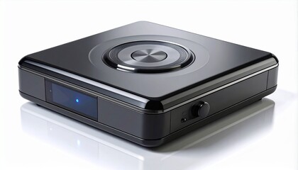 Fototapeta premium Modern black DVD player with digital display, isolated on white background, home entertainment electronics concept