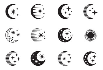 Collection of stylized moon and star icons representing night sky and celestial bodies © Lover