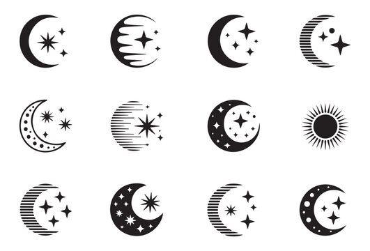 Collection of stylized moon and star icons representing night sky and celestial bodies