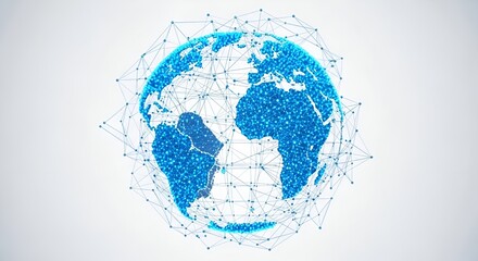 A digital illustration of the Earth with a network of lines and dots representing global connections
