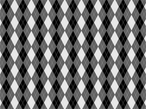 Seamless black and white argyle pattern with repeating diamond shapes. Classic geometric design inspired by traditional knitwear and vintage fashion, perfect for textiles, wallpapers, backgrounds.