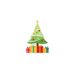 Naklejka premium Christmas tree flat illustration with gift boxes and ornaments isolated on white background.
