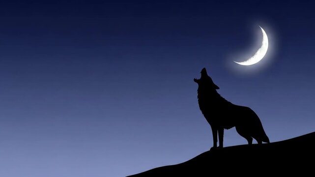 Wild wolf silhouettes howling at phases of crescent moon in dark night sky. Mystical wildlife animal concept.