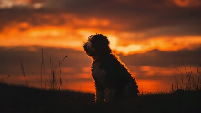 Majestic bernedoodle gazes thoughtfully at vibrant fiery sunset sky