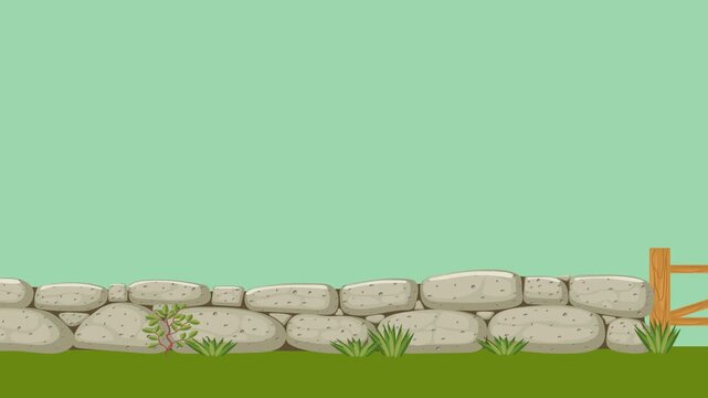 Cobblestone fence with gate, seamless horizontal on transparent background.