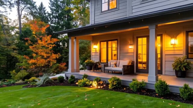 Welcoming front exterior of a modern suburban house with a spacious illuminated porch and a beautifully landscaped garden featuring autumn trees at dusk.