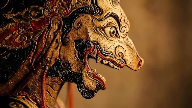 Intricate Wooden Puppet Mask from Traditional Indonesian Wayang Kulit Performance.
