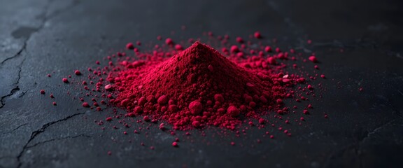 Vibrant red pigment powder creating a striking contrast on a dark textured background. beet powde