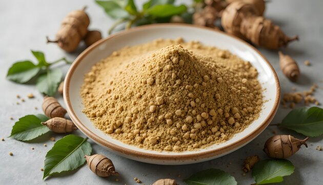 Ayurvedic herbal powder on a plate with dried roots and fresh leaves highlighting natural medicine. maca root powder