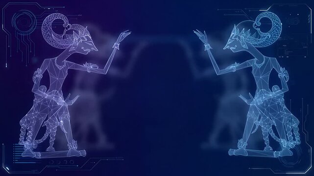 Wayang Kulit Shadow Puppets in a Futuristic Digital Display.