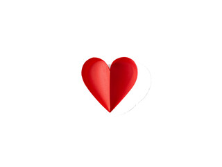 Single red paper heart folded with sharp creases, casting a soft shadow, isolated on a bright white background for love concepts.