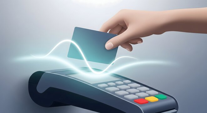 Contactless payment illustration showing a hand tapping a credit card on a mobile POS machine with glowing digital data transfer.