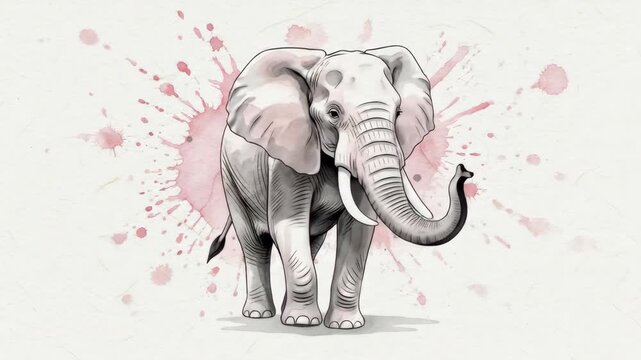 Hand drawn elephant illustrations with pink watercolor splashes. African animal art for decorative graphic design and pattern elements.