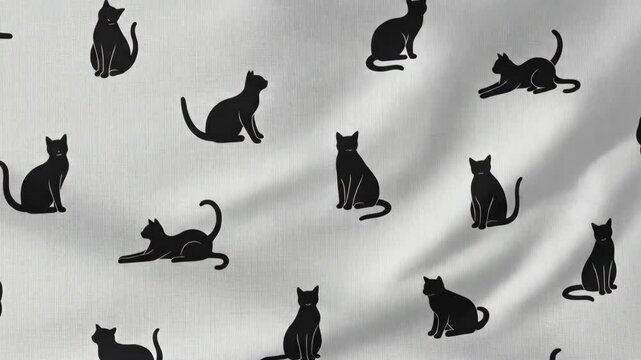 Black cat silhouettes seamless pattern on white fabric with pleats. Cute domestic animal illustration for pet textile designs.