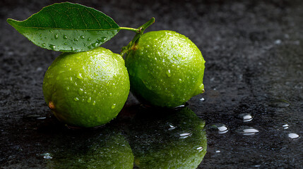Two vibrant green limes with a fresh leaf covered in glistening water droplets rest on a dark reflective surface with cinematic lighting.