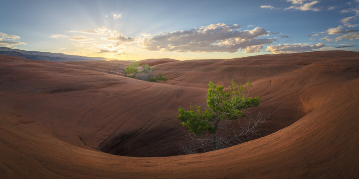 View of the sun's rays pierce through the clouds, illuminating the red rock formations and sparse green vegetation in this desert landscape, Escalante, Utah, United States.