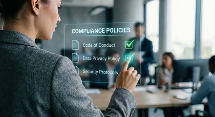 Businesswoman using holographic interface to manage compliance policies and data privacy in modern office