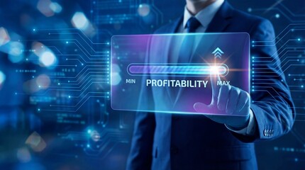Businessman maximizing profitability with futuristic interface