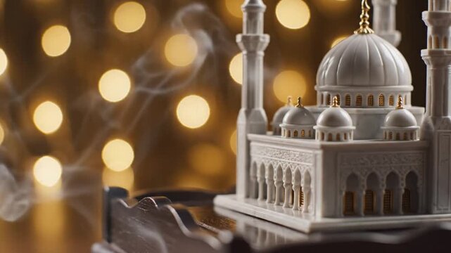 A miniature mosque model with a silhouette against a Ramadan background gradient, featuring a bokeh of warm lights and wisps of smoke, shot with cinematic lighting.