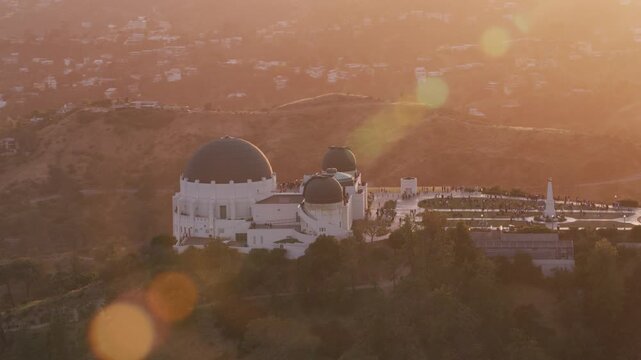 Aerial view of Griffith Observatory in Los Angeles, California.  Shot from helicopter with stabilized gimbal and RED camera. 